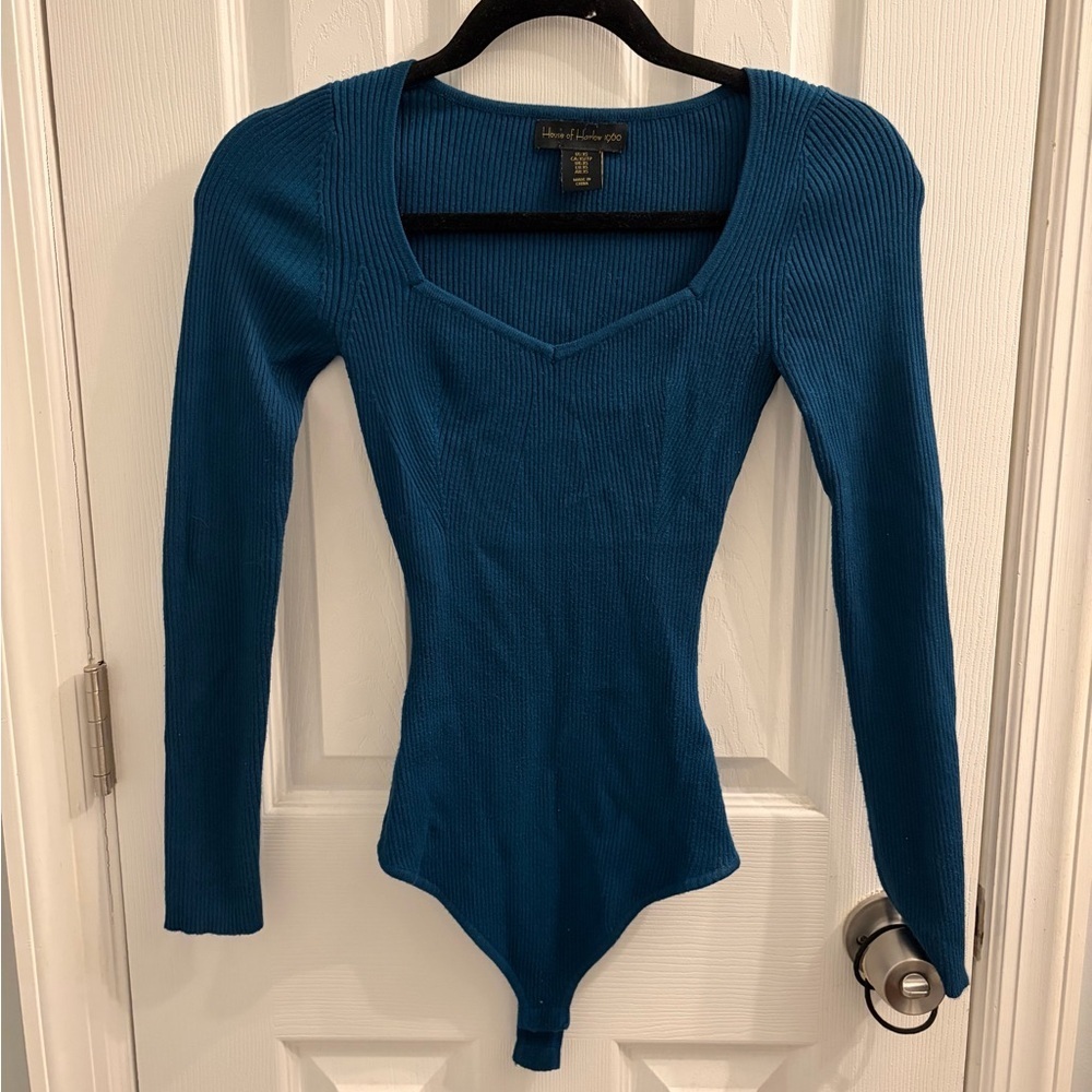 House of Harlow 1960 Balletcore Teal Long Sleeve Square Neck Bodysuit - Picture 1 of 6